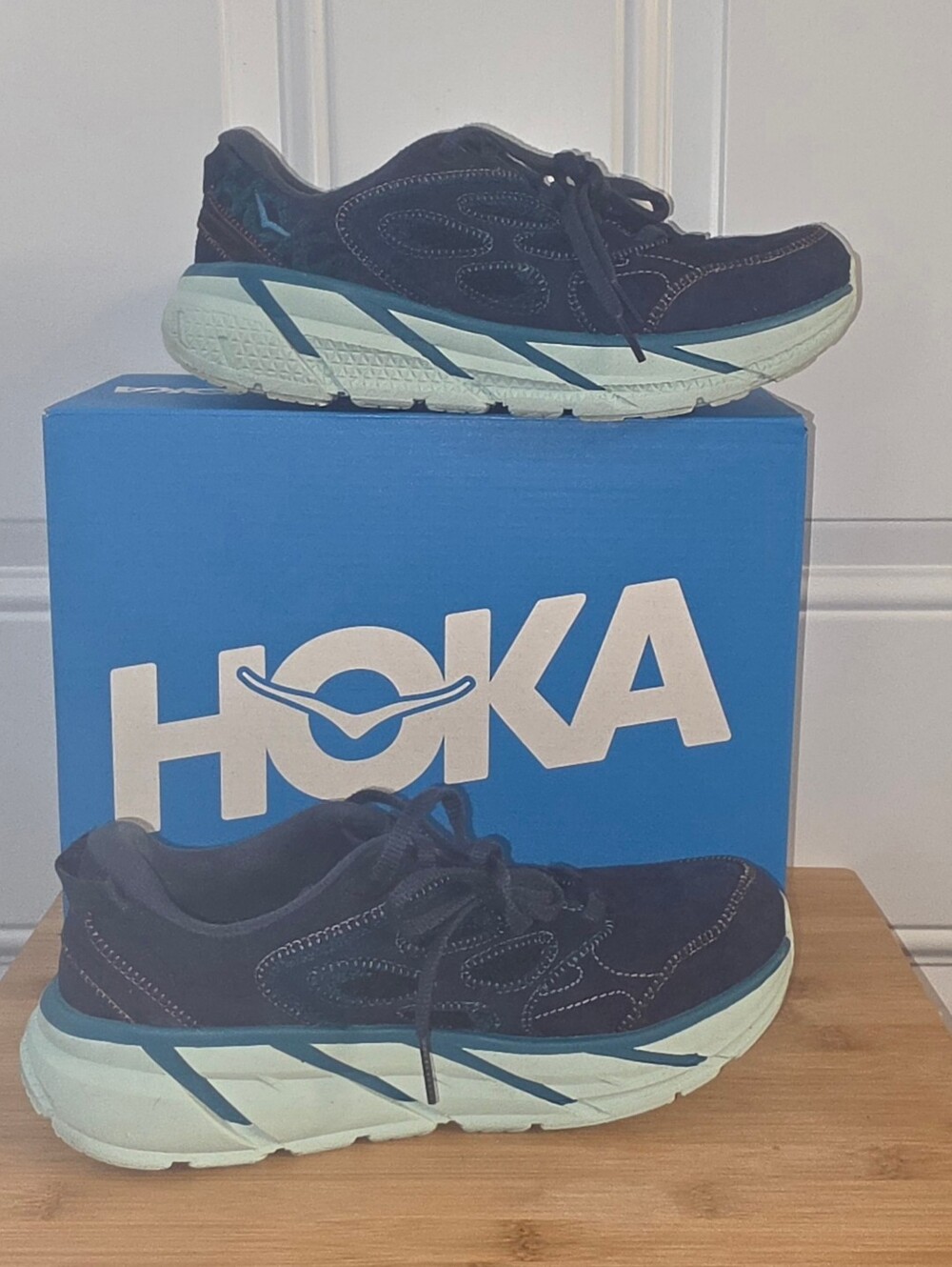 HOKA U Clifton L in a Suede Navy Leather and Mint Lightweight Running Shoes